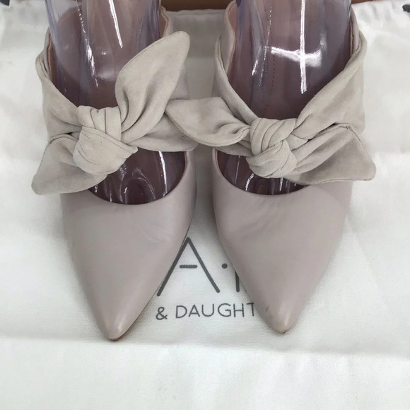 A + D Daughters Luxury Leather Mule Bow Heels Soft Taupe Neutral Party Size 7 - Picture 3 of 10